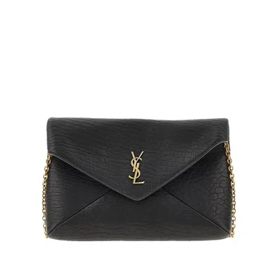 Saint Laurent Rinkled Leather Pouch With Chain In Black