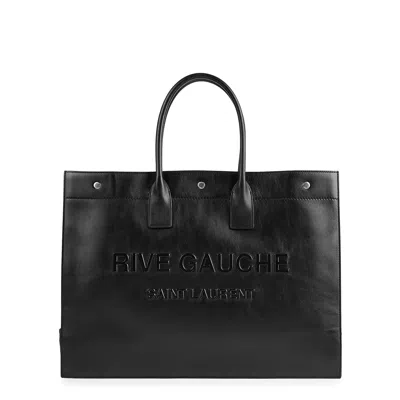 Saint Laurent Rive Gauche Black Leather Tote, Tote Bag, Black, Leather In Neutral