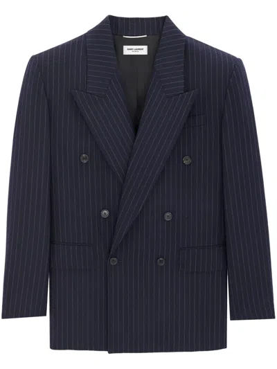 Saint Laurent Pinstriped Double-breasted Wool Blazer In Blue