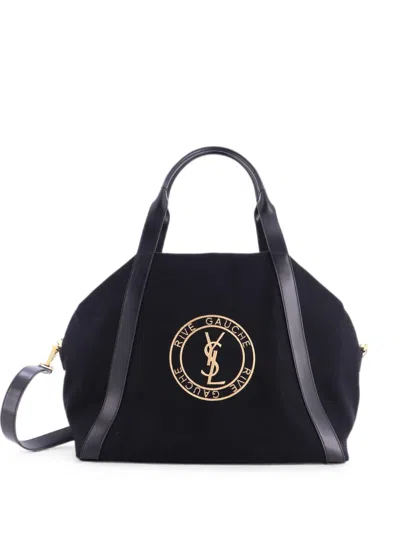 Pre-owned Saint Laurent Rive Gauche Bowling Bag Embroidered Canvas Handbag In Black