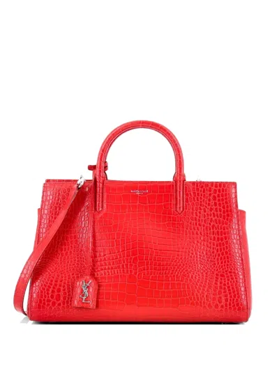 Pre-owned Saint Laurent Rive Gauche Cabas Crocodile Embossed Leather Small Satchel In Red