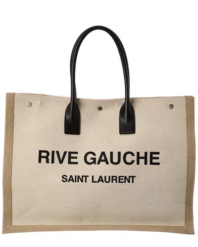 Saint Laurent Rive Gauche Large Linen & Leather Tote In White