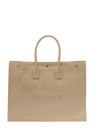 Saint Laurent Rive Gauche Large Tote Bag In Beige Leather Man In Sand
