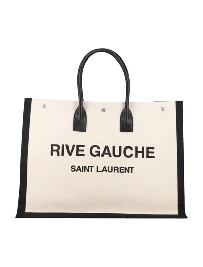 Saint Laurent Rive Gauche Large Tote Handbag Handbag In Greige + Black