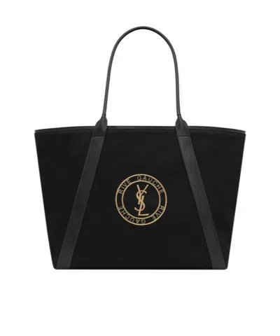Saint Laurent Rive Gauche Logo Embroidered Tote Bag In Black