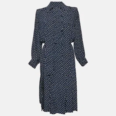 Pre-owned Saint Laurent Rive Gauche Navy Blue Polka Dot Silk Midi Dress M
