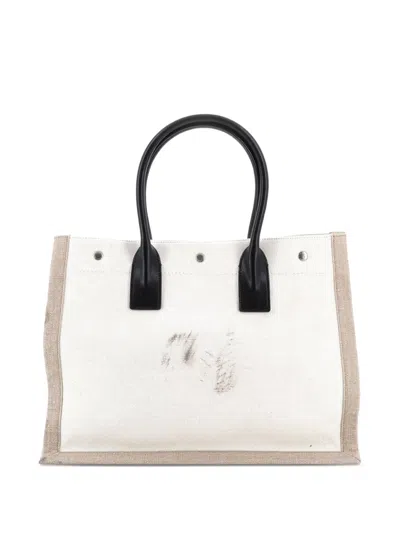 Pre-owned Saint Laurent Rive Gauche Shopper Canvas Small Tote Bag In Neutral