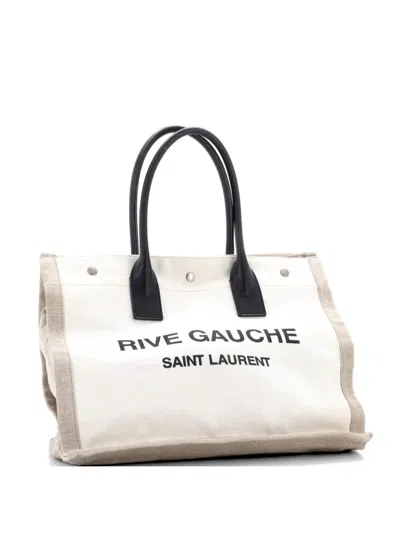 Pre-owned Saint Laurent Rive Gauche Shopper Canvas Small Tote Bag In Neutral