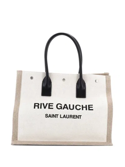 Pre-owned Saint Laurent Rive Gauche Shopper Canvas Small Tote Bag In Neutral
