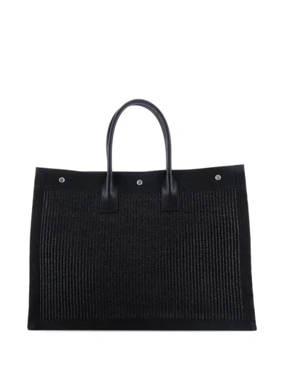 Pre-owned Saint Laurent Rive Gauche Shopper Raffia With Canvas Large Tote Bag In Black