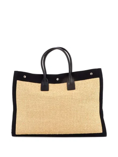 Pre-owned Saint Laurent Rive Gauche Shopper Raffia With Canvas Large Tote Bag In Black