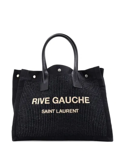 Pre-owned Saint Laurent Rive Gauche Shopper Raffia With Canvas Small Tote Bag In Black