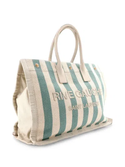 Pre-owned Saint Laurent Rive Gauche Shopper Striped Canvas Large Tote Bag In Green
