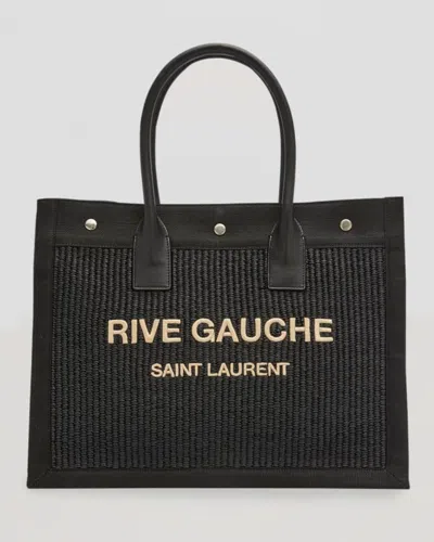 Saint Laurent Rive Gauche Small Tote Bag In Raffia In Black/white