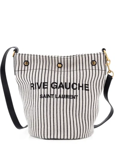 Pre-owned Saint Laurent Rive Gauche Striped Canvas Bucket Bag In White