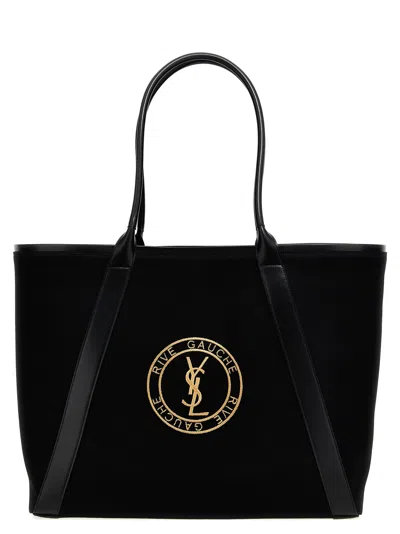 Saint Laurent Rive Gauche Embroidered Canvas Tote Bag In Black