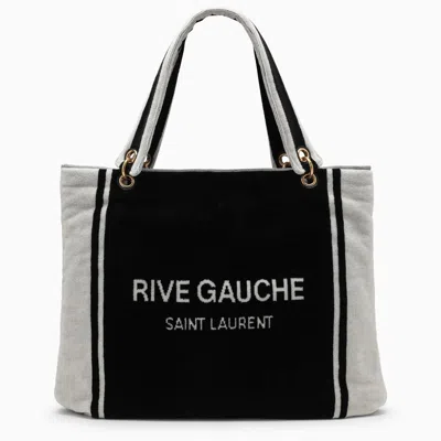 Saint Laurent Rive Gauche Tote In And White Terry Cloth In Black