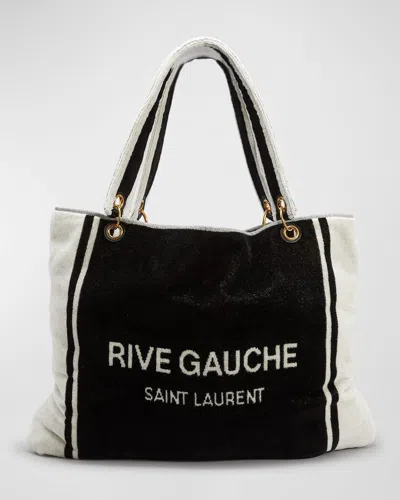Saint Laurent Rive Gauche Tote In And White Terry Cloth In Black