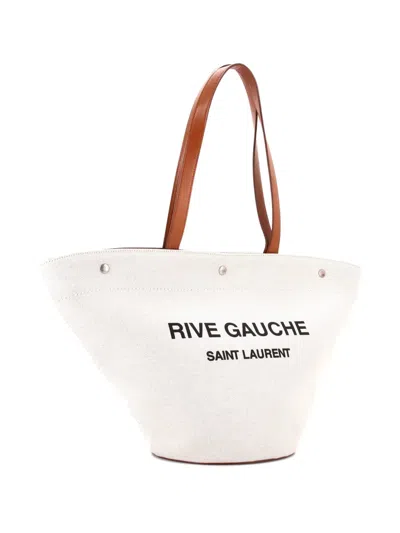 Pre-owned Saint Laurent Rive Gauche Trapezoid Tote Canvas Bucket Bag In Neutral