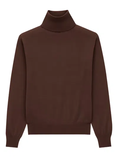 Saint Laurent Turtleneck Knitwear With Ribbed Cuffs And Hem In Brown