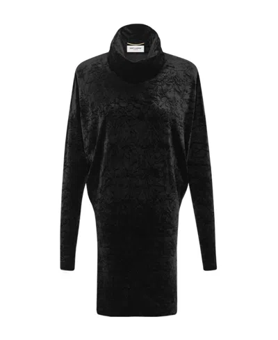 Saint Laurent Roll-neck Velvet Effect Minidress In Black
