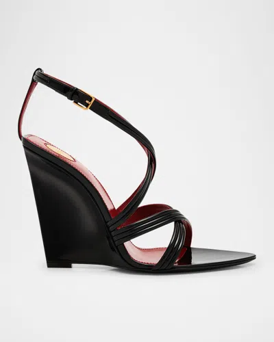 Saint Laurent Rossi Leather Crisscross Wedge Sandals In Black