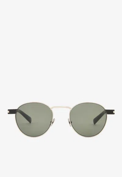Saint Laurent Round-frame Logo Sunglasses In Gray