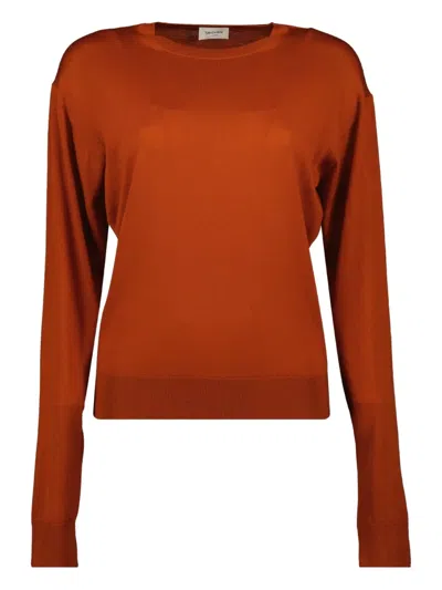 Saint Laurent Round-neck Ribbed Sweater In Brown