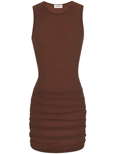Saint Laurent Round Neck Ruched Detailed Mini Dress In Brown