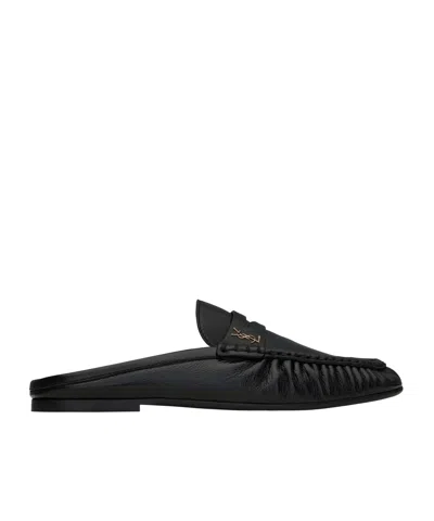 Saint Laurent Loafer Flat Sole Round Toe Textured Finish In Black