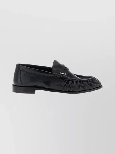 Saint Laurent Round Toe Ruched Detail Loafers In Black