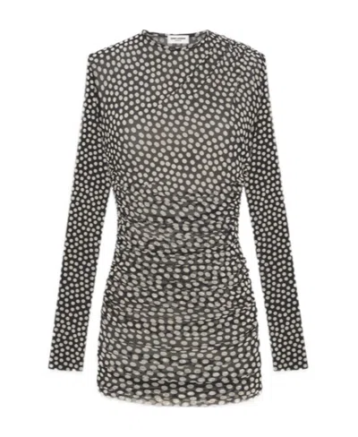 Saint Laurent Polka-dot Ruched Tulle Minidress In Noir Craie