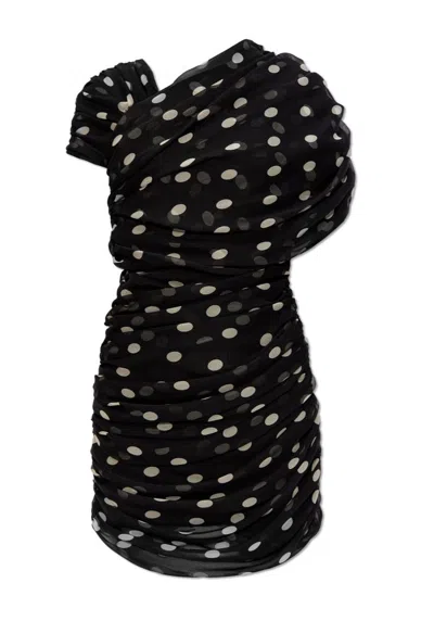 Saint Laurent Women's Ruched Asymmetrical Dress In Dotted Silk Muslin In Noir Craie