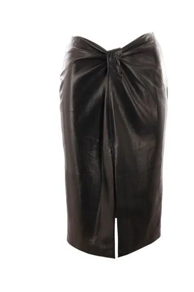 Saint Laurent Ruched Detail Leather Skirt In Black