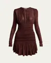 Saint Laurent Ruched Long-sleeve Mini Dress In Red Brown