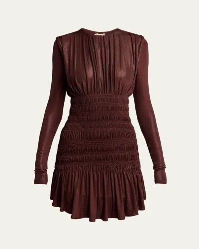 Saint Laurent Ruched Long-sleeve Mini Dress In Red Brown
