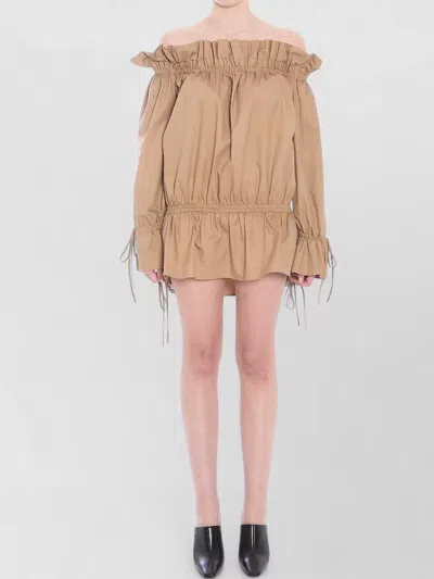 Saint Laurent Ruched Neckline Mini Dress Poet Sleeves In Brown