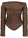 Saint Laurent Ruched Off-shoulder Bodysuit In Braun