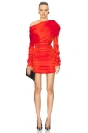 Saint Laurent Ruched Long-sleeve One-shoulder Mini Dress In Brique
