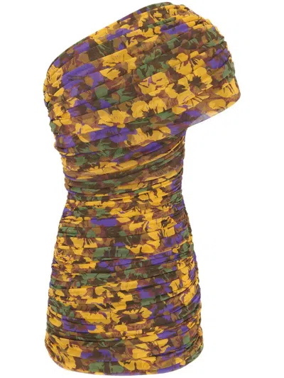 Saint Laurent Ruched One-shoulder Dress In Floral Tulle
