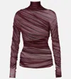 Saint Laurent Draped Ruched Jersey Turtleneck Top In Burgundy
