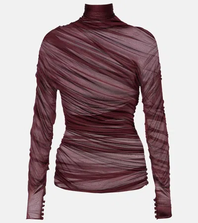 Saint Laurent Draped Ruched Jersey Turtleneck Top In Burgundy