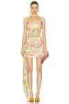 Saint Laurent Strapless Asymmetric Ruched Floral-print Tulle Mini Dress In Craie Rose Vert