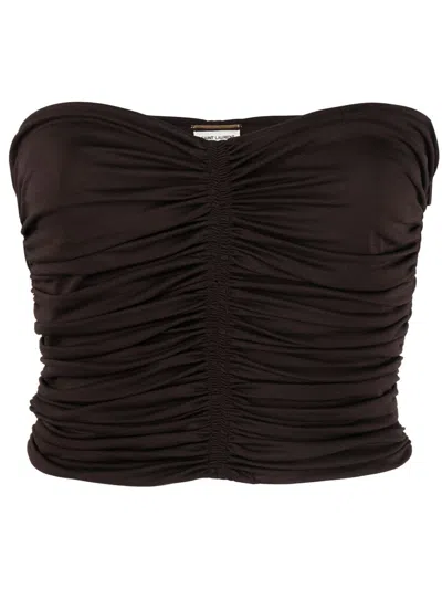 Saint Laurent Ruched Strapless Top In Brown