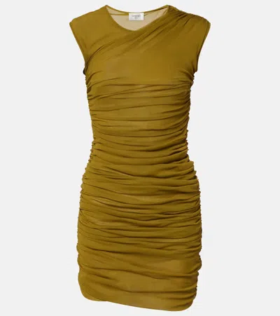 Saint Laurent Ruched Tulle Jersey Minidress In Green