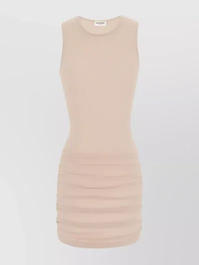 Saint Laurent Ruched Tulle Tank Dress With Crew Neck In Pink