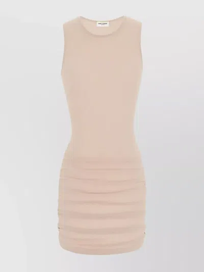 SAINT LAURENT RUCHED TULLE TANK DRESS WITH CREW NECK