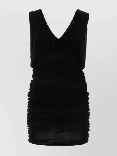 Saint Laurent Ruched V-neck Mini Dress In Black