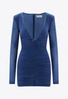 Saint Laurent Ruched V-neck Mini Dress In Blue