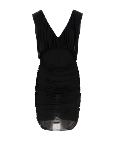 Saint Laurent Ruched V-neck Minidress In Black